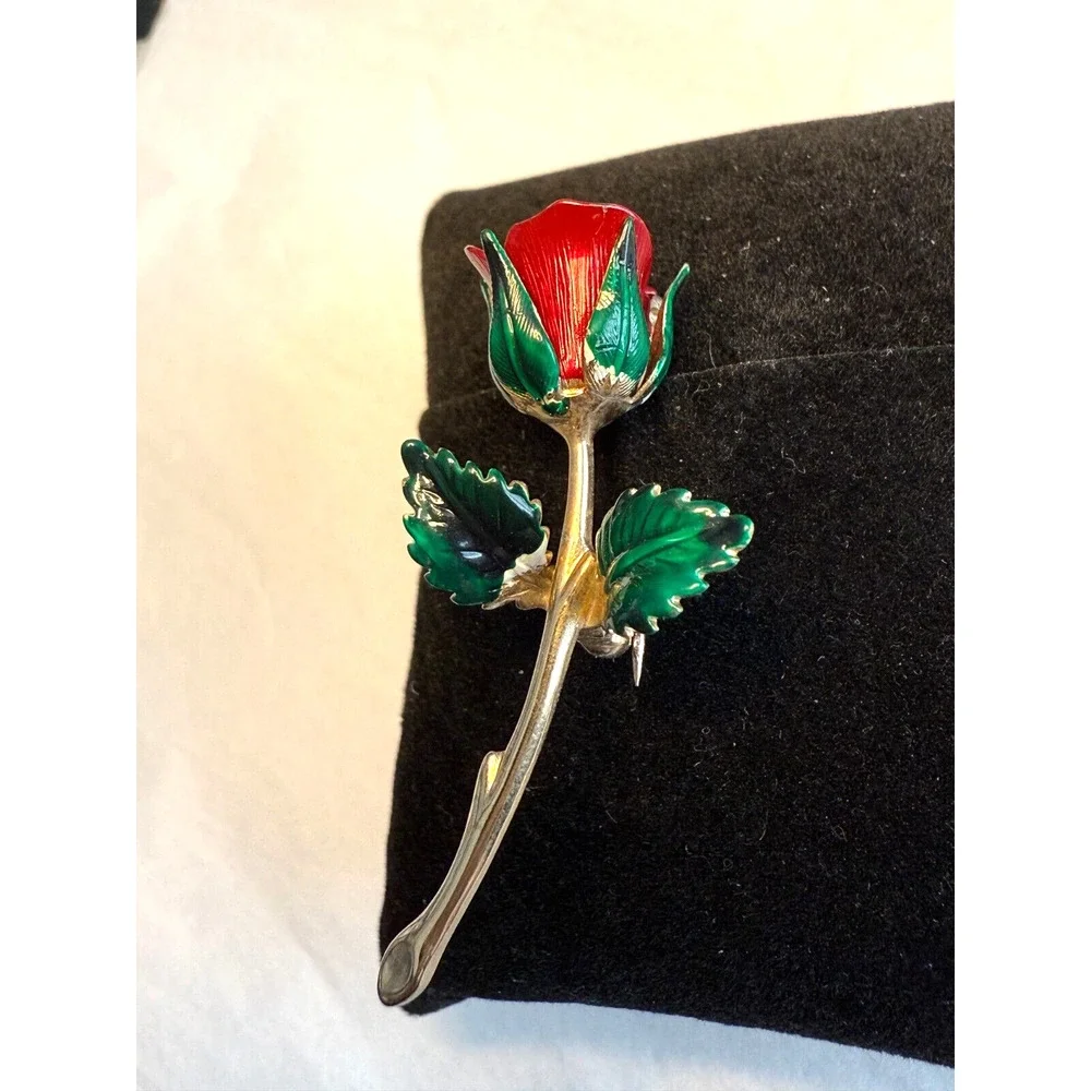 Vintage Red and Green Enamel Long Rose Stem on Gold-Tone Brooch Pin Floral